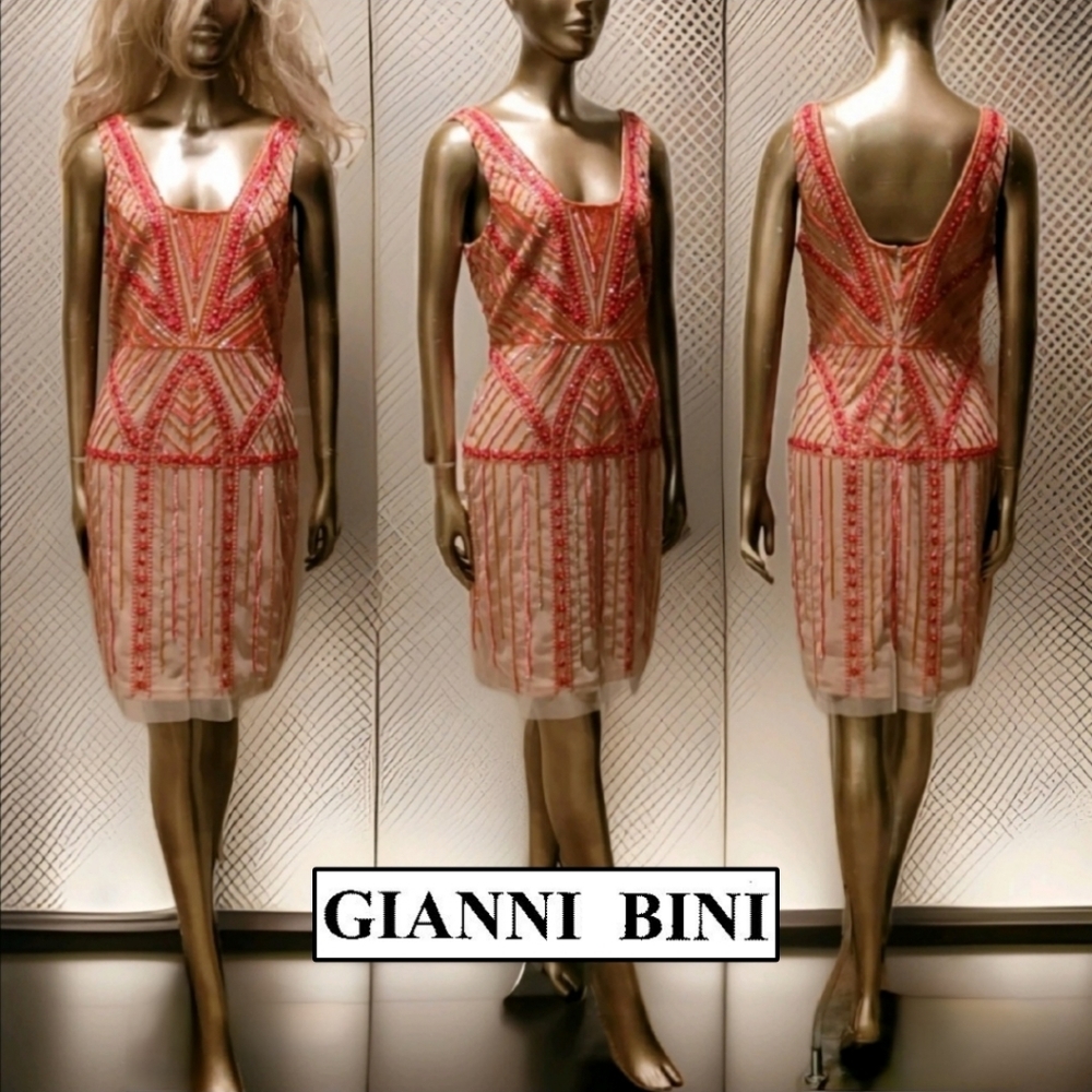 NWT Gianni Bini Nude Mesh Sequin Embellished Cocktail Mini Dress Sz 8
